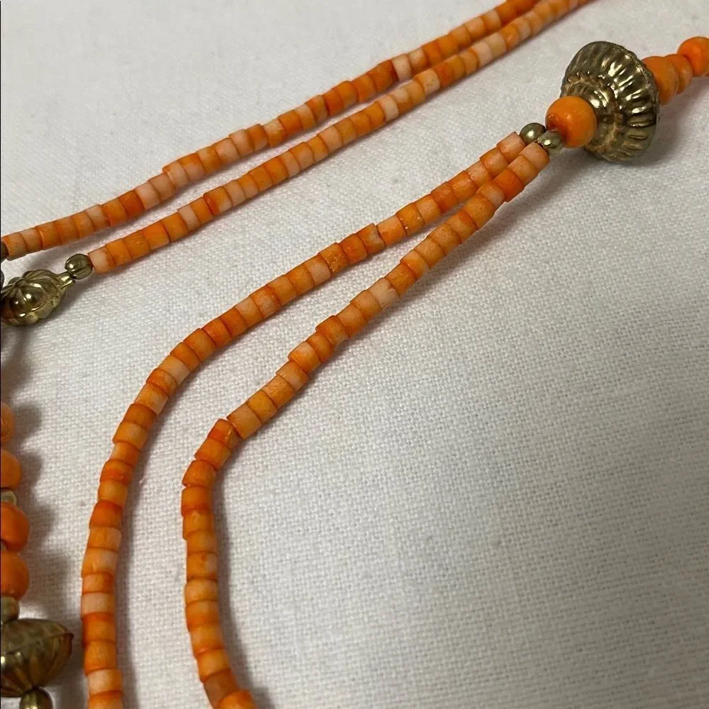 Vintage Orange Beaded Necklace with Gold Accents 14” long.